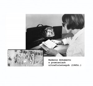 Badanie dokumentu w promieniach ultrafioletowych, lata 60. Kobieta przed urządzeniem