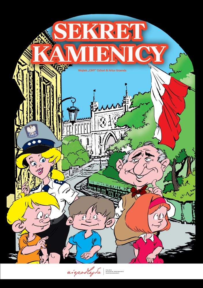 Okładka komiksu Sekret kamienicy przestawiająca trójkę dzieci, starszego pana i policjantkę na tle zabytkowych zabudowań.