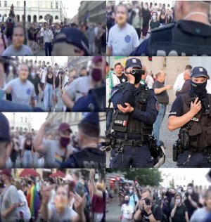 kolaż kadrów zdjęciowych uczestników demonstracji i policjantów filmujących demonstrantów