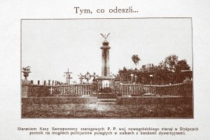 skan z wycinka starego czasopisma przedstawiający pomnika poświęconego przedwojennym funkcjonariuszom poległym podczas sowieckiego napadu na Stołpce