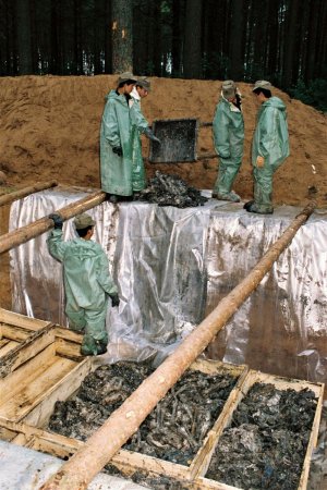 Szczątki wydobyte podczas ekshumacji układane w skrzyniach przed ponownym zasypaniem w 1991 r.