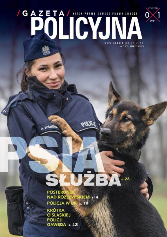 Okładka do numeru Gazety Policyjnej numer 1 styczeń 2021. Policjantka z psem służbowym.