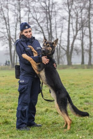 policjantka i pies służbowy opierający łapy o pierś policjantki stoją na trawniku