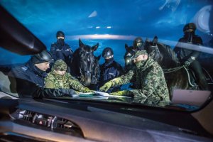 konie i policjanci planują trasę patrolu pochylając się nad mapą położoną na masce samochodu