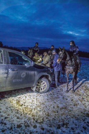 konie i policjanci planują trasę patrolu pochylając się nad mapą położoną na masce samochodu