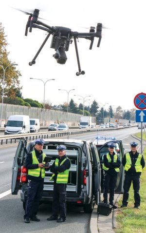 Na wysokości około 35 metrów w pobliżu skrzyżowania ulic Wał Miedzeszyński i Kadetów zawisł dron. Na zdjęciu dron lecący a dalej policjanci sterujący dronem i inni stojący przy radiowozie