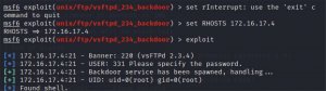 przykład zastosowania programu Metasploit w celu przełamania podatności usługi ftp, wykorzystującej port 21, do „przeniknięcia” napastnika do powłoki systemowej zwanej shell. W przytoczonym przykładzie zaatakowano wirtualną maszynę z zainstalowanym systemem dystrybucji Linux – Metasploittable.