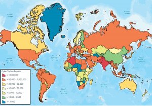 Rys. 1. Raporty CyberTipline w 2020 r. według kraju  Mapa świata podzielona kolorami