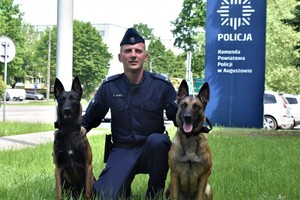 Sierżant Adrian Ziarko kuca pomiędzy dwoma psami słuzbowyni