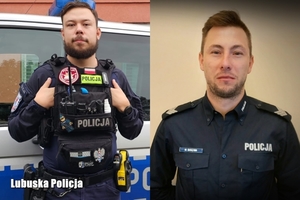 policjanci pozują do zdjęcia obaj na tle ściany. Jeden w koszuli drugi w kamizelce taktycznej