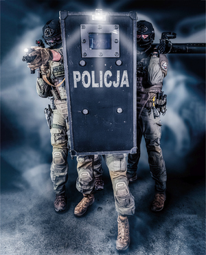 2 POLICJANTY Z BRONIĄ CHOWAJĄ SIĘ ZA TARCZĄ