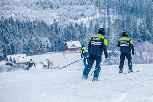 policjanci na stoku narciarskim zjeżdżają. widzimy ich od tyłu