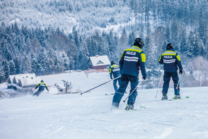 policjanci na stoku narciarskim zjeżdżają. widzimy ich od tyłu