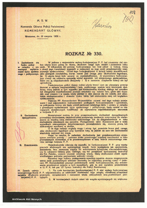 Rozkaz nr 330 i 331 z 1926 r. dzielnicowi skan pisma