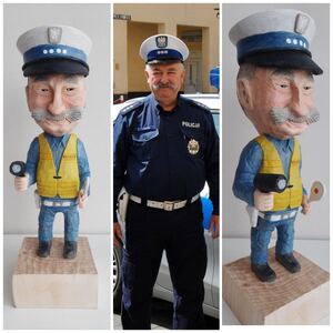 miks zdjęć policjanta i statuetki drewnianej wyrzeźbionej dla policjant na zdjęciu